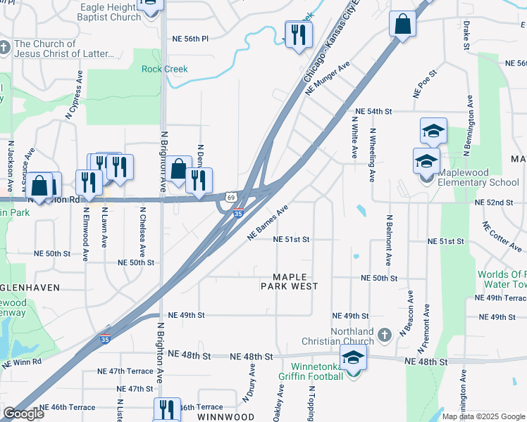 map of restaurants, bars, coffee shops, grocery stores, and more near 5138 North Oakley Avenue in Kansas City