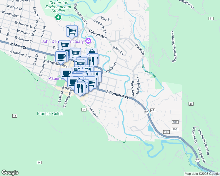 map of restaurants, bars, coffee shops, grocery stores, and more near 917 East Hyman Avenue in Aspen