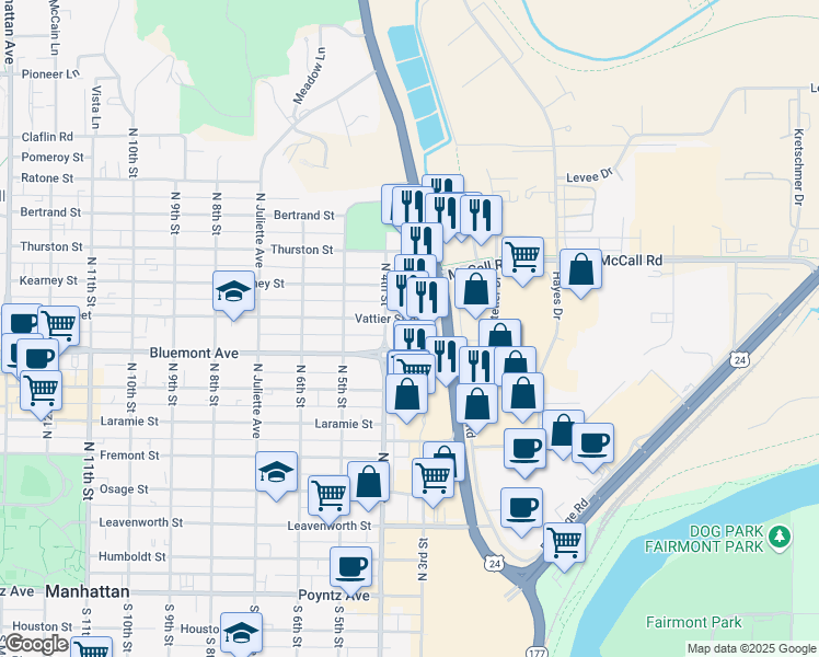 map of restaurants, bars, coffee shops, grocery stores, and more near 815 N 3rd St in Manhattan