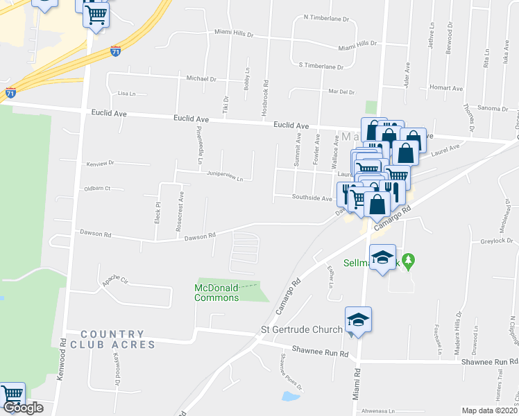 map of restaurants, bars, coffee shops, grocery stores, and more near 7404 Dawson Road in Cincinnati