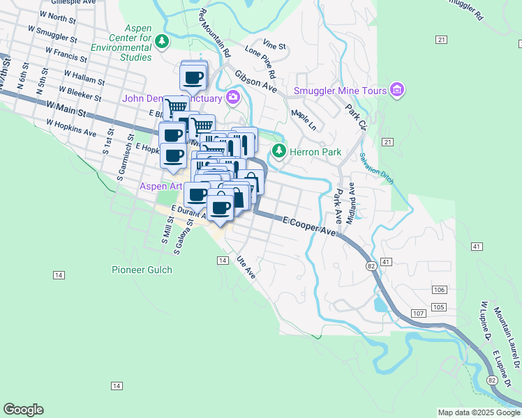 map of restaurants, bars, coffee shops, grocery stores, and more near 802 East Cooper Avenue in Aspen