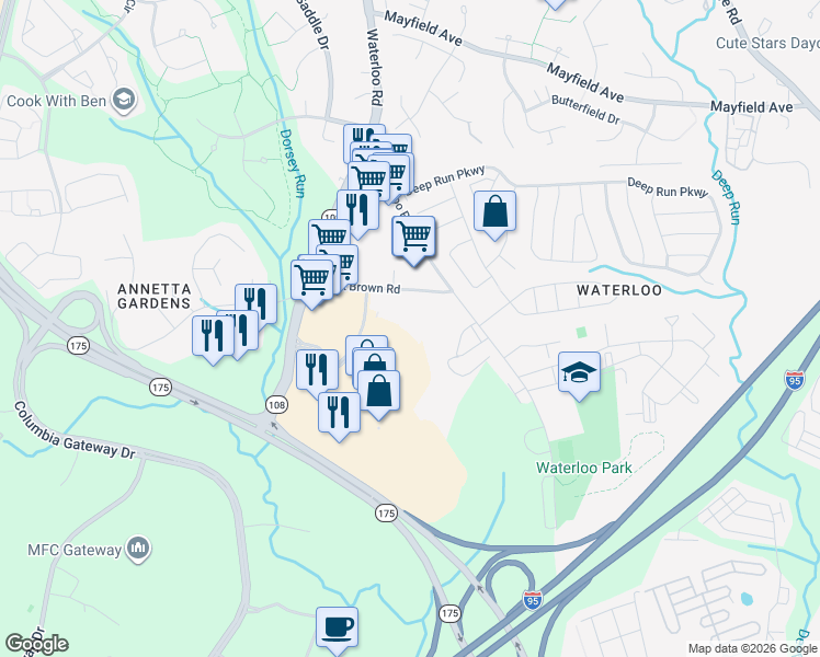 map of restaurants, bars, coffee shops, grocery stores, and more near 8151 Robinson-Jefferson Drive in Elkridge