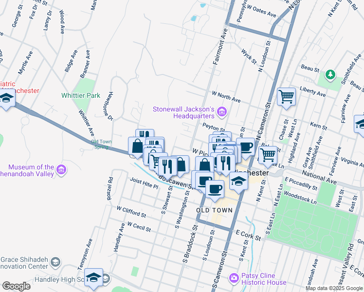 map of restaurants, bars, coffee shops, grocery stores, and more near 316 West Piccadilly Street in Winchester