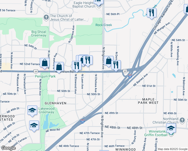 map of restaurants, bars, coffee shops, grocery stores, and more near 5128 N Chelsea Ave in Kansas City