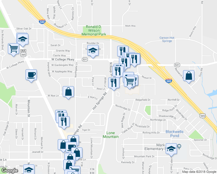 map of restaurants, bars, coffee shops, grocery stores, and more near 3218 North Roop Street in Carson City