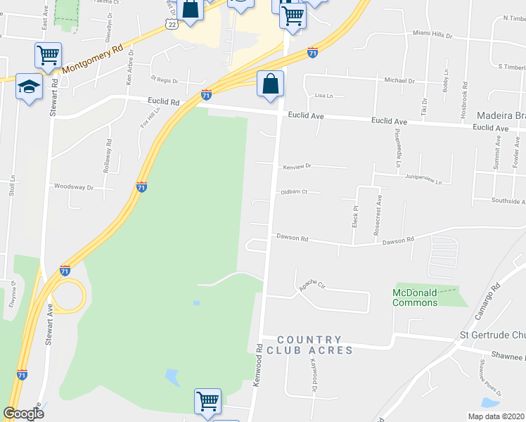 map of restaurants, bars, coffee shops, grocery stores, and more near 6717 Kenwood Road in Cincinnati