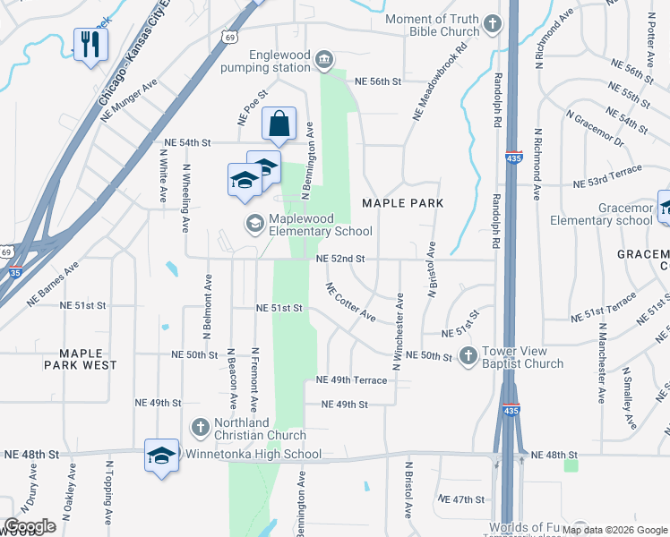 map of restaurants, bars, coffee shops, grocery stores, and more near 6624 Northeast Cotter Avenue in Kansas City