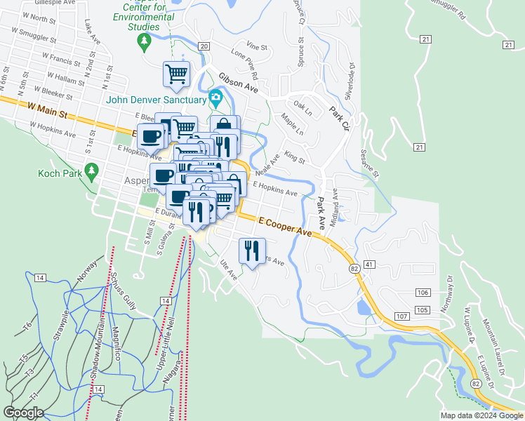 map of restaurants, bars, coffee shops, grocery stores, and more near 917 East Hyman Avenue in Aspen