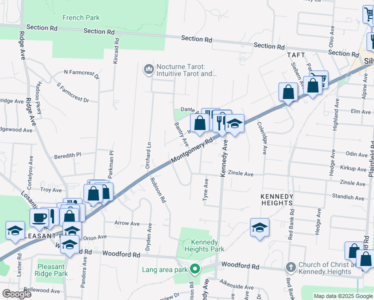 map of restaurants, bars, coffee shops, grocery stores, and more near 6603 Bantry Avenue in Cincinnati