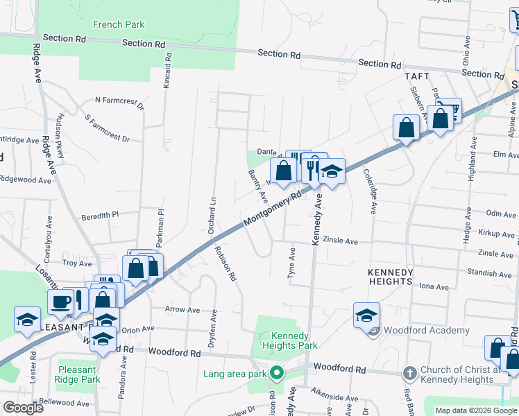 map of restaurants, bars, coffee shops, grocery stores, and more near 6603 Bantry Avenue in Cincinnati