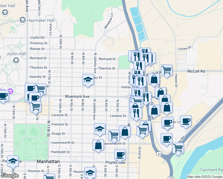 map of restaurants, bars, coffee shops, grocery stores, and more near 515 Vattier Street in Manhattan