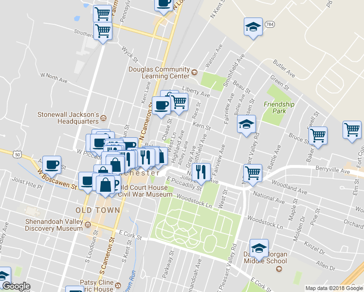 map of restaurants, bars, coffee shops, grocery stores, and more near 402 Highland Avenue in Winchester