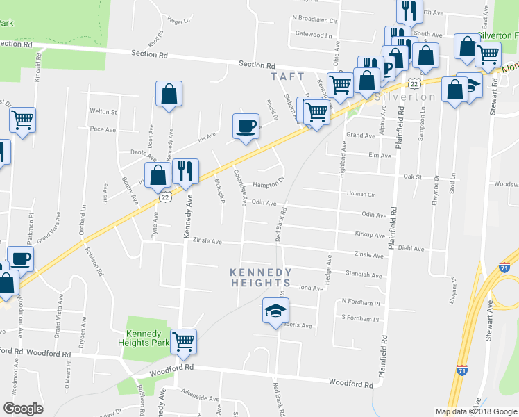 map of restaurants, bars, coffee shops, grocery stores, and more near 3719 Odin Avenue in Cincinnati