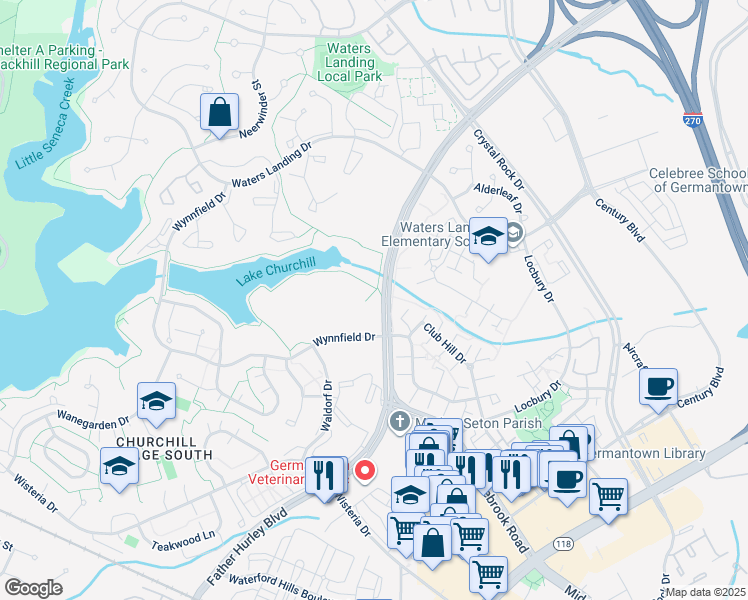 map of restaurants, bars, coffee shops, grocery stores, and more near 20229 Shipley Terrace in Germantown