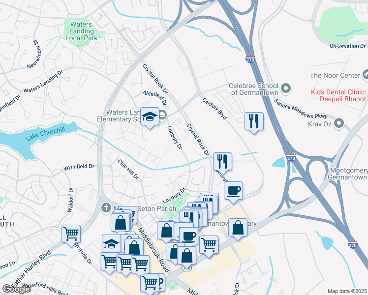 map of restaurants, bars, coffee shops, grocery stores, and more near 2 Locbury Court in Germantown