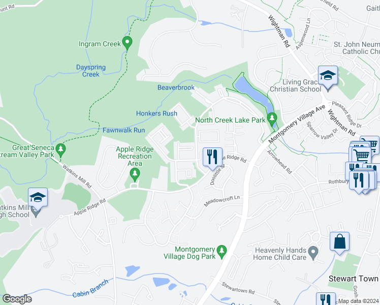 map of restaurants, bars, coffee shops, grocery stores, and more near 20219 Maple Leaf Court in Montgomery Village