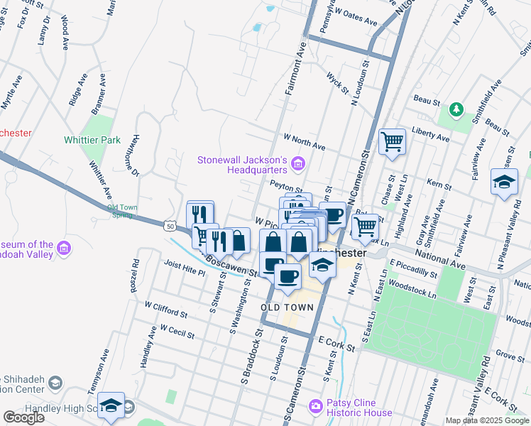 map of restaurants, bars, coffee shops, grocery stores, and more near 209 North Washington Street in Winchester