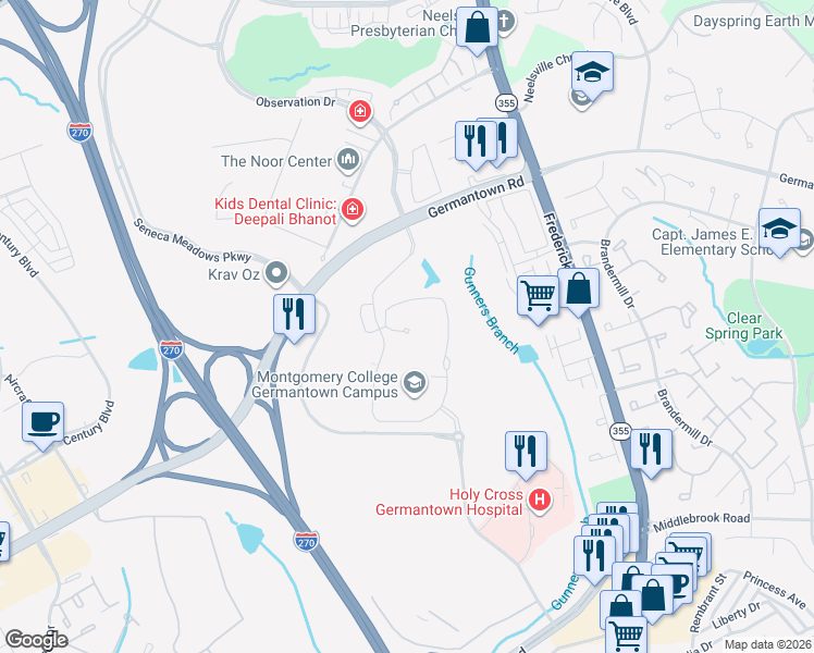 map of restaurants, bars, coffee shops, grocery stores, and more near 20200 Observation Drive in Germantown