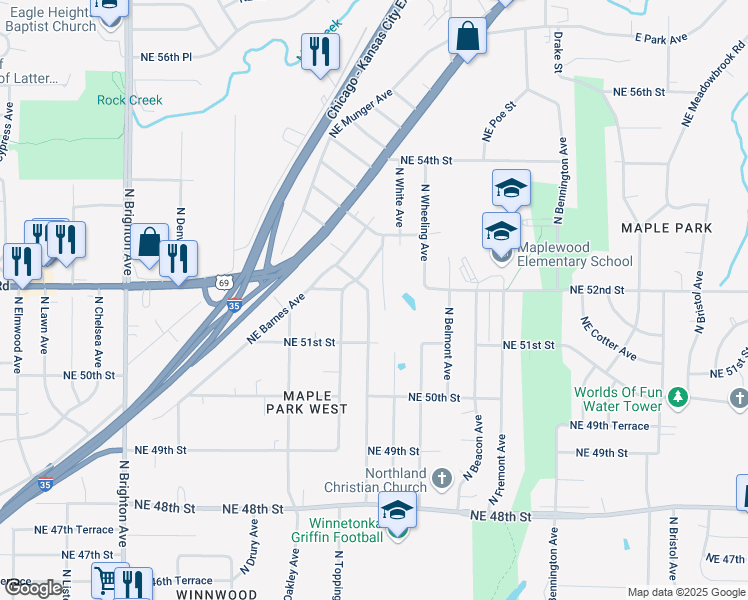 map of restaurants, bars, coffee shops, grocery stores, and more near 5139 North Bellaire Avenue in Kansas City