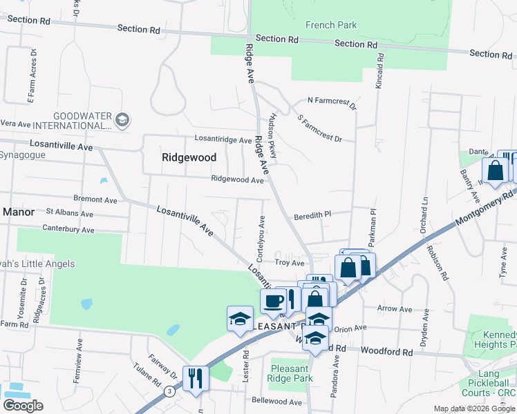 map of restaurants, bars, coffee shops, grocery stores, and more near 6269 Cortelyou Avenue in Cincinnati