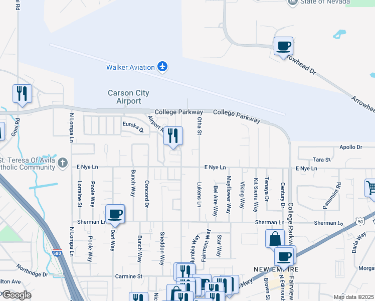 map of restaurants, bars, coffee shops, grocery stores, and more near 3129 Airport Road in Carson City