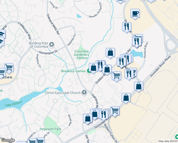 map of restaurants, bars, coffee shops, grocery stores, and more near 9017 Mendenhall Court in Columbia