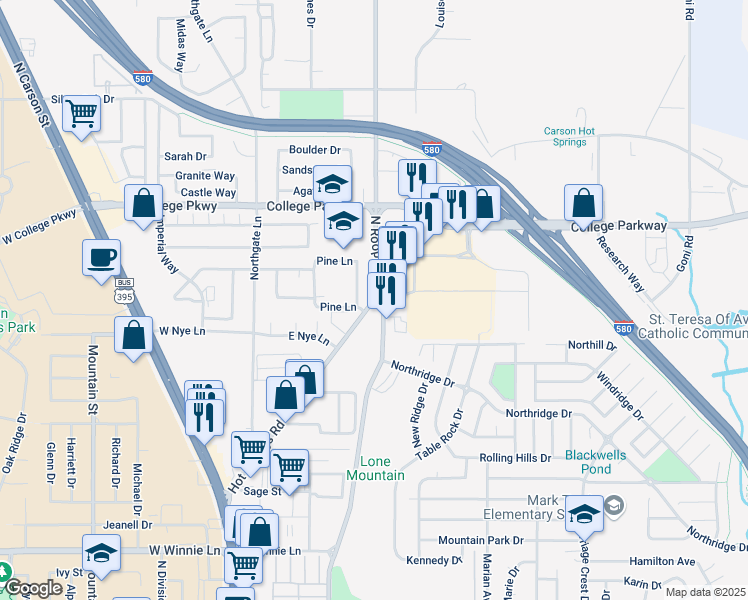 map of restaurants, bars, coffee shops, grocery stores, and more near 704 Hot Springs Road in Carson City