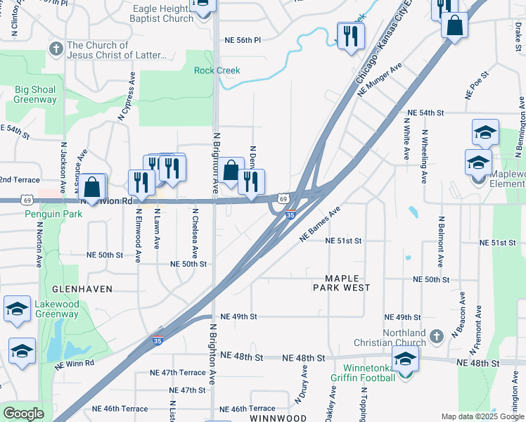 map of restaurants, bars, coffee shops, grocery stores, and more near 5224 North Brighton Place in Kansas City