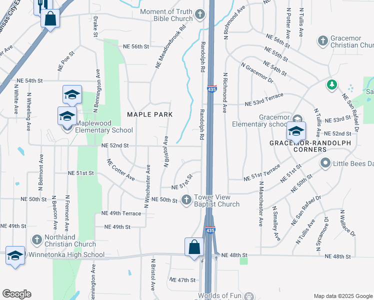 map of restaurants, bars, coffee shops, grocery stores, and more near 7119 Northeast 52nd Street in Kansas City