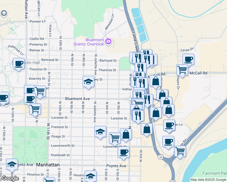 map of restaurants, bars, coffee shops, grocery stores, and more near 515 Vattier Street in Manhattan