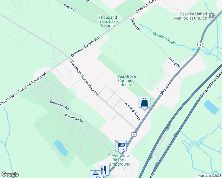 map of restaurants, bars, coffee shops, grocery stores, and more near 80 West Rising Sun Drive in Dennis Township