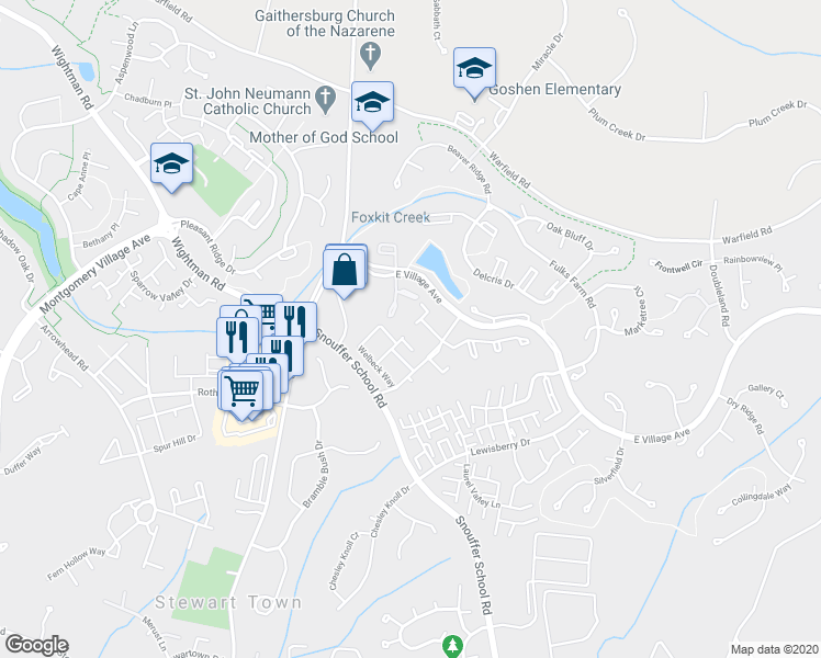 map of restaurants, bars, coffee shops, grocery stores, and more near 8736 Ravenglass Way in Montgomery Village