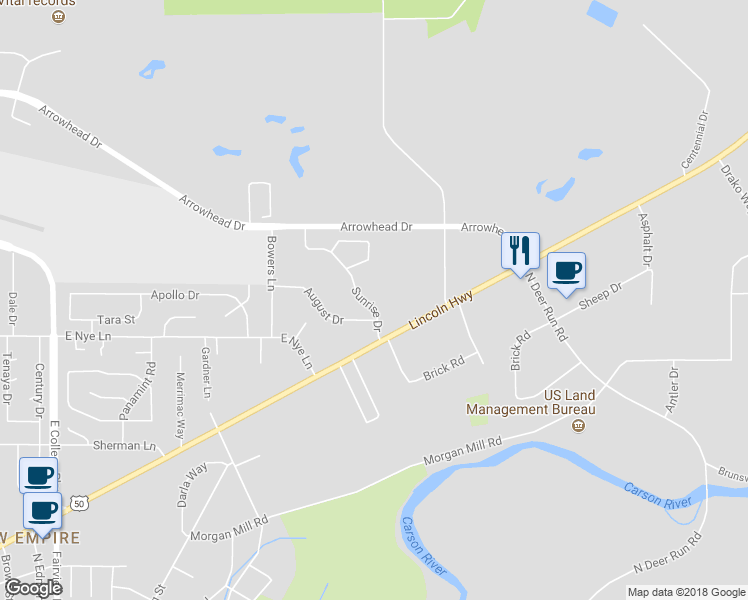 map of restaurants, bars, coffee shops, grocery stores, and more near 3139 Sunrise Drive in Carson City