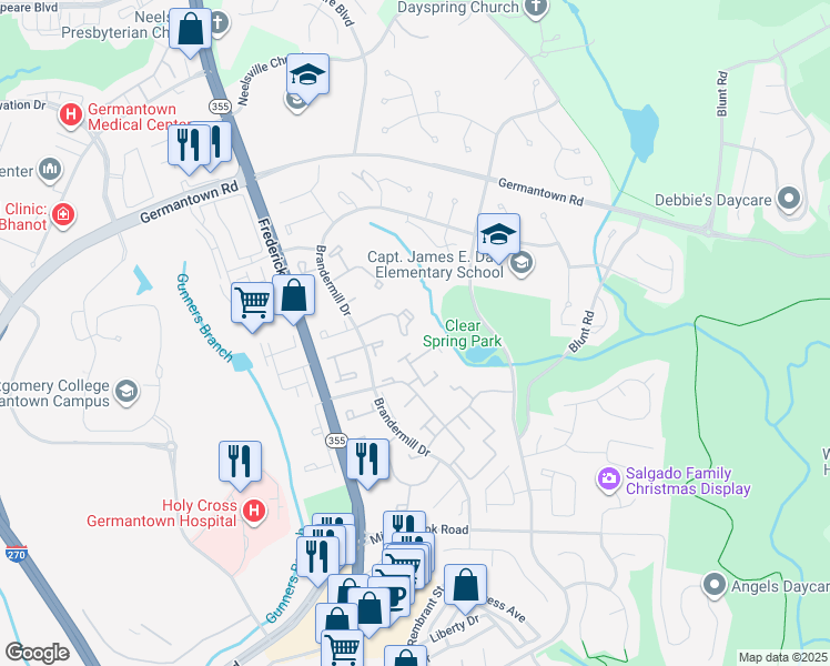 map of restaurants, bars, coffee shops, grocery stores, and more near 11407 Brundidge Terrace in Germantown