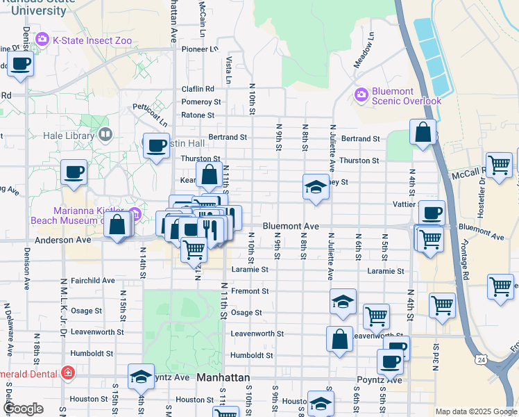 map of restaurants, bars, coffee shops, grocery stores, and more near 931 Vattier Street in Manhattan