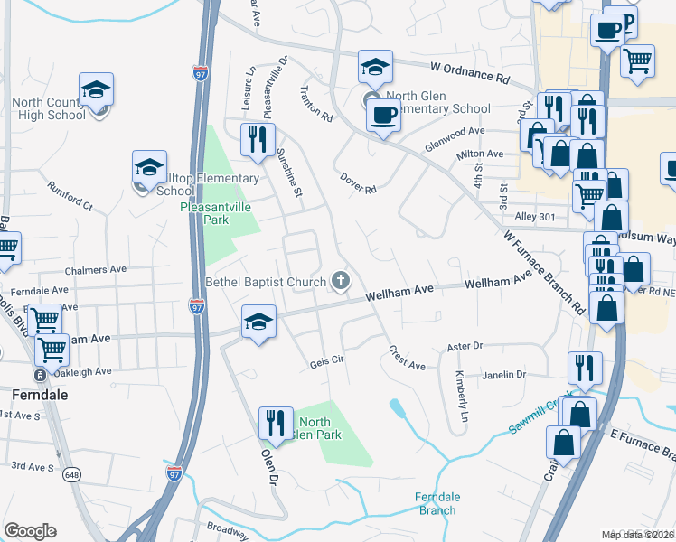 map of restaurants, bars, coffee shops, grocery stores, and more near 1512 Church Lane in Glen Burnie