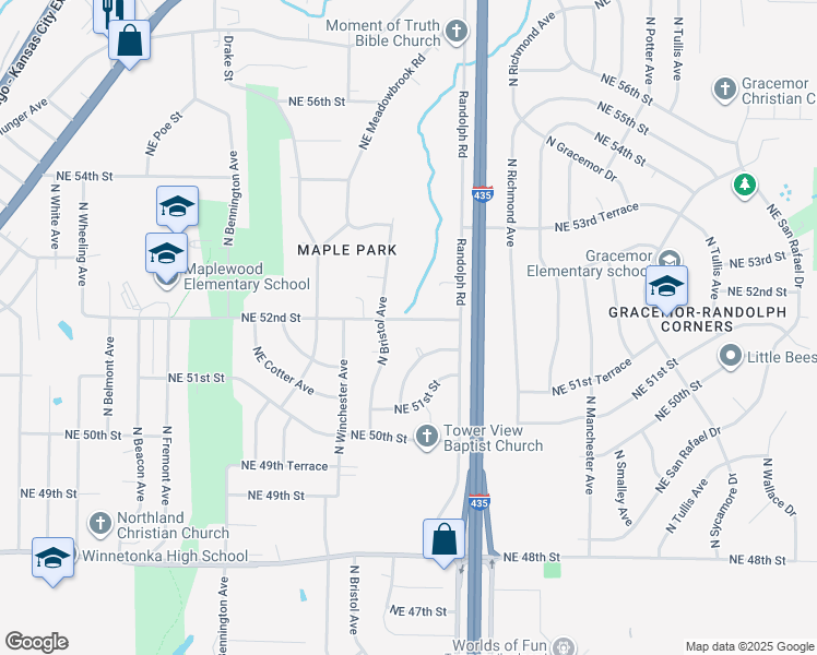 map of restaurants, bars, coffee shops, grocery stores, and more near 7119 Northeast 52nd Street in Kansas City