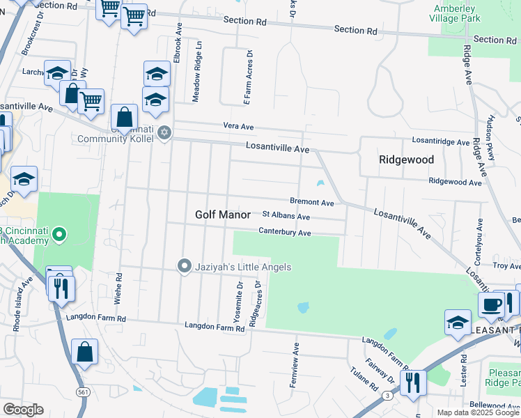 map of restaurants, bars, coffee shops, grocery stores, and more near 2438 Saint Albans Avenue in Cincinnati