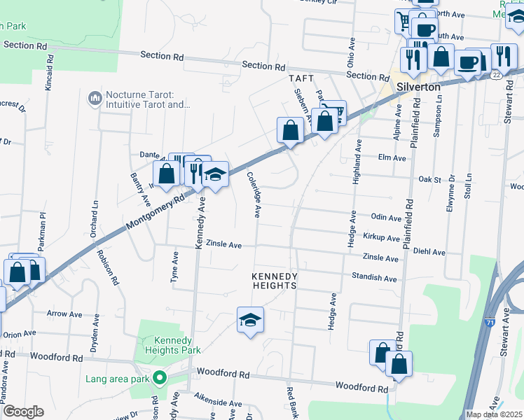 map of restaurants, bars, coffee shops, grocery stores, and more near 3719 Odin Avenue in Cincinnati