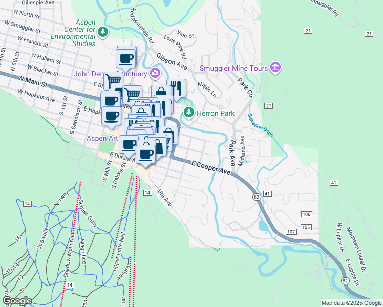 map of restaurants, bars, coffee shops, grocery stores, and more near 917 East Hyman Avenue in Aspen