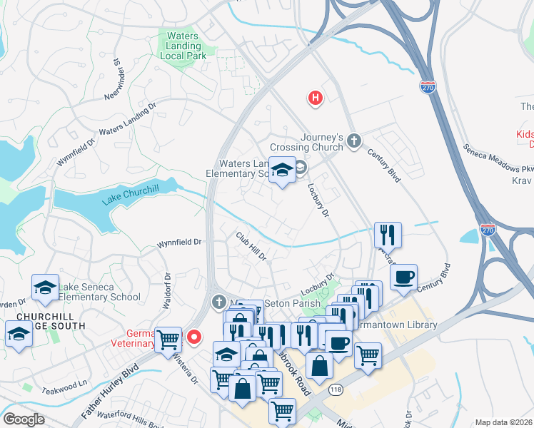 map of restaurants, bars, coffee shops, grocery stores, and more near 12967 Pickering Drive in Germantown