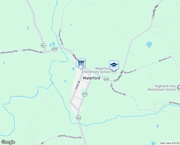 map of restaurants, bars, coffee shops, grocery stores, and more near 40200 Main Street in Waterford