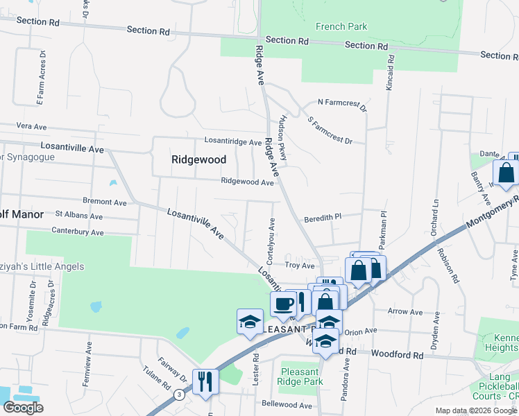 map of restaurants, bars, coffee shops, grocery stores, and more near 6256 Bona Vista Place in Cincinnati