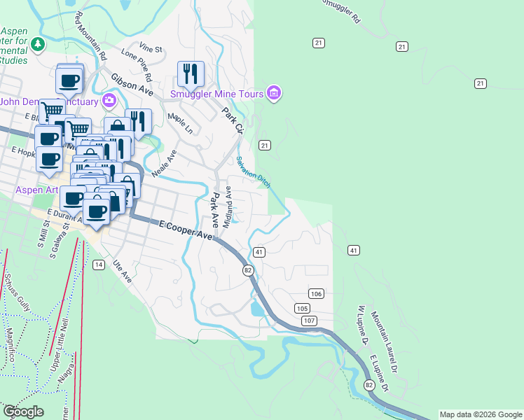 map of restaurants, bars, coffee shops, grocery stores, and more near 25 Ardmore Ct in Aspen