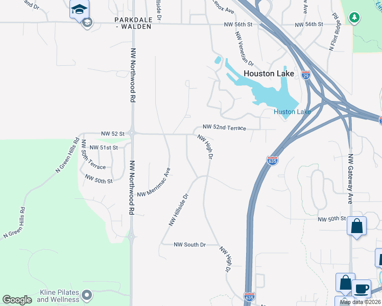 map of restaurants, bars, coffee shops, grocery stores, and more near 5102 Northwest High Drive Terrace in Kansas City