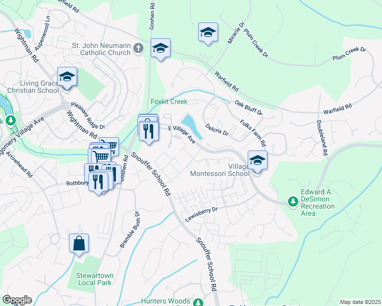 map of restaurants, bars, coffee shops, grocery stores, and more near 8709 Ravenglass Way in Gaithersburg