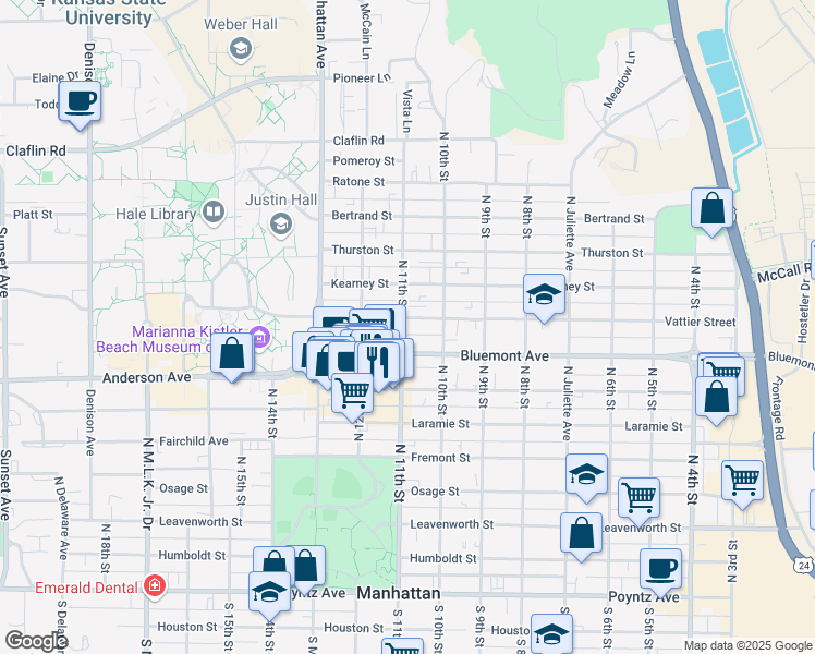 map of restaurants, bars, coffee shops, grocery stores, and more near 1029 Vattier Street in Manhattan