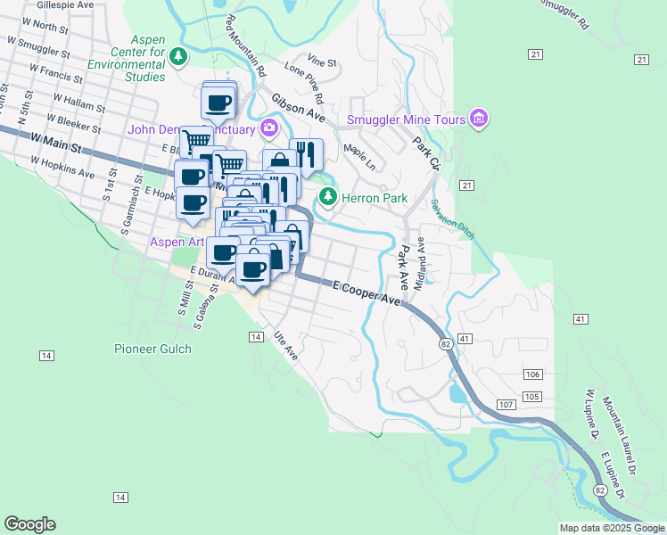 map of restaurants, bars, coffee shops, grocery stores, and more near 917 East Hyman Avenue in Aspen