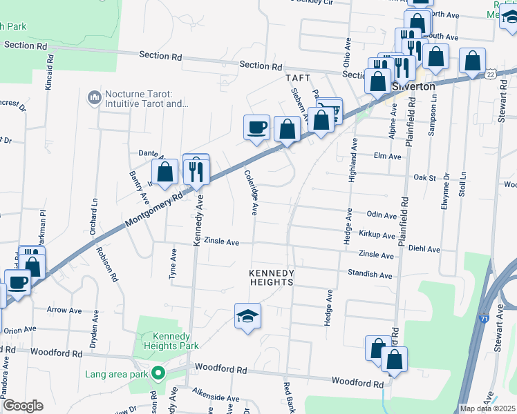 map of restaurants, bars, coffee shops, grocery stores, and more near 3719 Odin Avenue in Cincinnati
