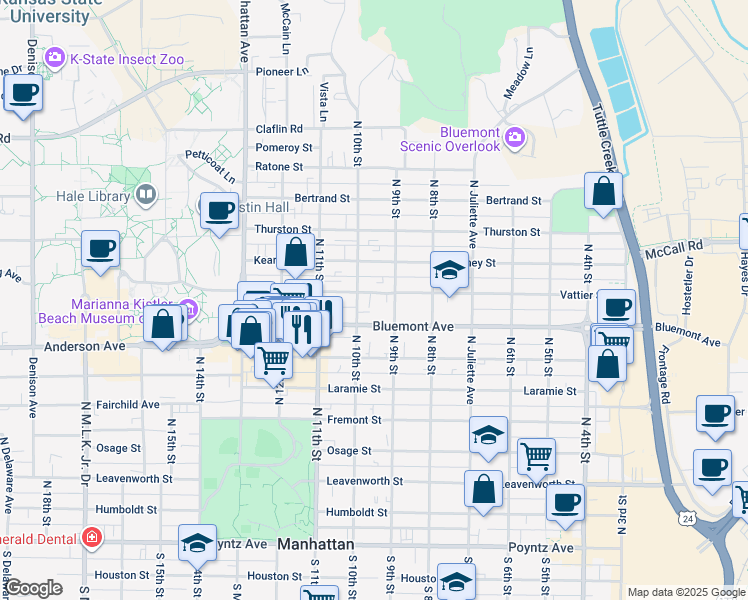 map of restaurants, bars, coffee shops, grocery stores, and more near 931 Vattier Street in Manhattan